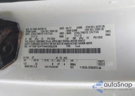 2017 Ford F-150 Xl z USA, uszkodzony, nr VIN 1FTMF1EP7HKD62239